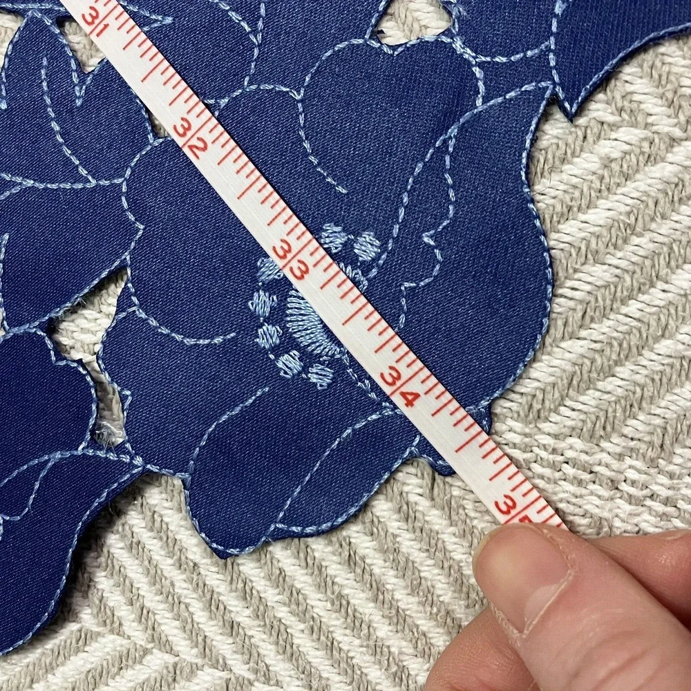 Floral Table Runner Machine Embroidered and Cut Blue Lace Trim 15x34 Polyester